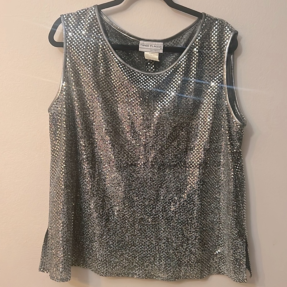 Vintage Three Flaggs sleeves top silver party size L tank top Y2K disco
